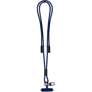A navy blue charging cable holder with two connectors and a detachable clip. The product has a simple, functional design.