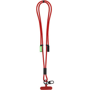 A red charging cable with a clip, featuring two connectors and a green accent, suitable for various devices.