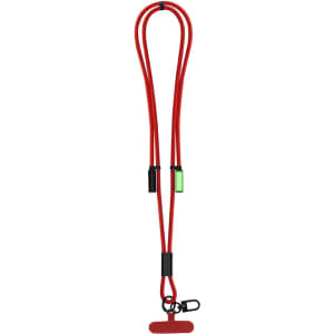 A red charging cable with a lanyard-style design, featuring black and green accents and a clip attachment.