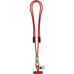 A red charging cable with two ends, featuring a lanyard design and a small attachment clip.