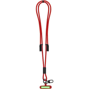A red charging cable holder with two attachment points and a clip for securing cables.