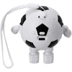 A white and black soccer ball speaker with small arms and legs, featuring a charging port and control buttons.