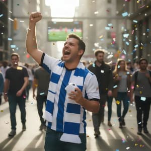 A man in a blue and white striped jersey and scarf celebrates in a crowd, surrounded by confetti.