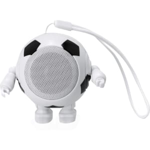 A white and black football-shaped speaker with small arms and legs, featuring a carrying strap.