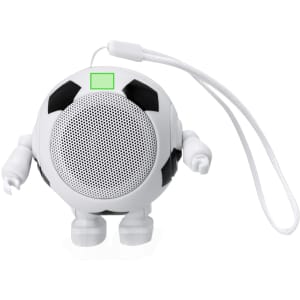 A white and black football-shaped speaker with arms and a strap, featuring a green square on top.