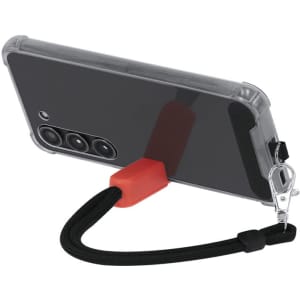A clear phone case supports a smartphone, featuring a red holder and a black strap with a clip.