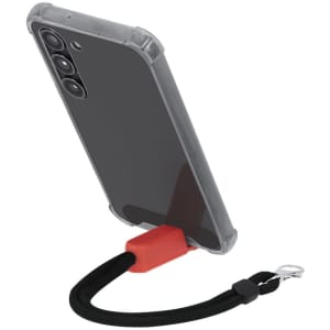 A clear phone holder with a red strap, designed to securely support a smartphone.
