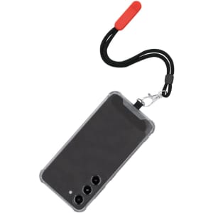A clear phone case with a black flexible holder and a red attachment point, designed for convenience.