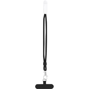 A black Nelopy Holder Bracelet with a silver clasp and a white attachment, designed for phone stands.