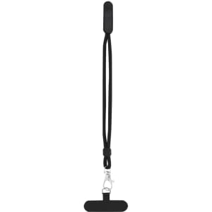 A black phone holder bracelet with a clasp and a long strap, designed for phone support and convenience.