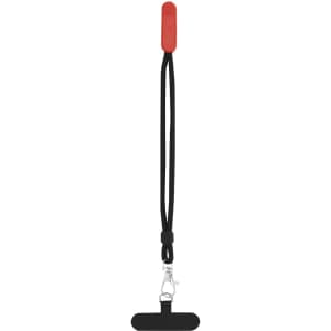A black and red phone holder bracelet with a clip and adjustable strap for securing devices.