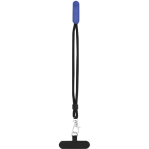 A blue and black Nelopy Holder Bracelet with a clip for securing mobile devices. It includes a logo.