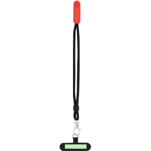 A black and red adjustable lanyard with a green holder at the end, featuring a clip for attachment.