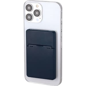 A navy Adryel Card Holder attached to a smartphone, designed to carry cards. The phone has a clear case.