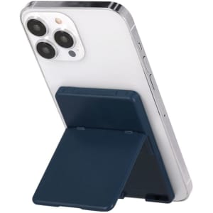 A navy Adryel Card Holder attached to a phone, featuring a foldable wallet design for cards.