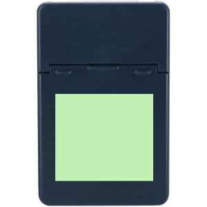 A dark blue card holder with a green section on the front. It has a simple, rectangular design and a logo.