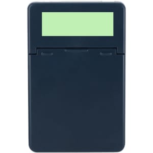 A navy blue card holder with a transparent section at the top, featuring a simple design and a logo.