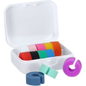 A collection of colourful silicone drink identifiers in a white storage case, featuring various bright colours.