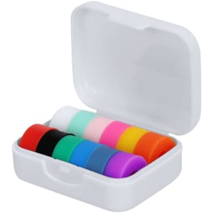 A compact case containing eight assorted-coloured glass identifiers, including black, green, blue, and pink.