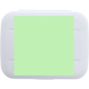 A green-tinted glass identifier with a white frame. It features a logo on the front.