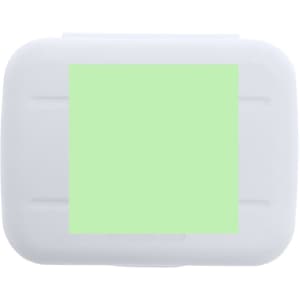 A white glass identifier with a green section. It has a simple design and includes branding.