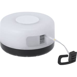 A round LED light with a white top and black base, featuring a hook for easy attachment.