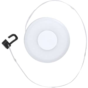 A white circular LED light with a hanging hook and transparent cord. It features a simple, modern design.