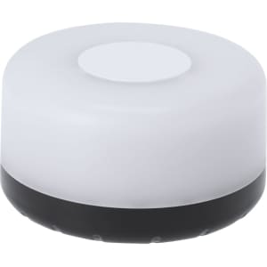 A round, white LED light with a black base, featuring a smooth, minimalist design. It has a logo on the base.