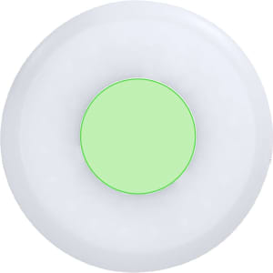 A round LED light with a white outer ring and a green centre, featuring a logo in the middle.