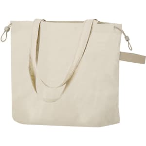 A cream-coloured drawstring bag with two handles and a side tag, featuring a logo on the front.