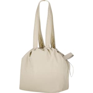 A beige drawstring bag with two handles and a cinched top, featuring an attached tag.