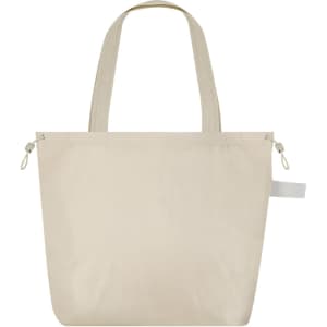 A light beige drawstring bag with a simple design, featuring two handles and a branding logo.