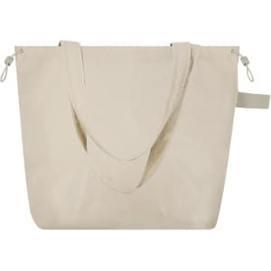 A light beige drawstring bag featuring two shoulder straps and a small loop for convenience. Includes a logo.