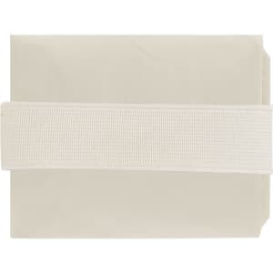 A drawstring bag in a light cream colour with a textured strap. Features a logo.