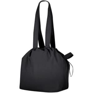 A black drawstring bag with long handles and a cinched opening. It features a side carry handle and a logo.