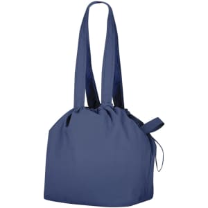 A drawstring bag in navy blue with two handles and a cinched opening. It features a side pocket and a logo.
