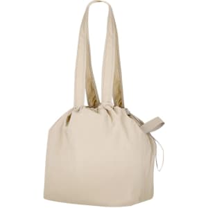 A beige drawstring bag with two handles and a gathered top, featuring a design element on one side.
