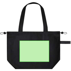 A black drawstring bag with a green blank area in the centre and a side strap, featuring a logo.