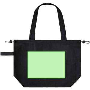 A black drawstring bag featuring a large green panel and two handles for carrying. It has a logo prominently displayed.