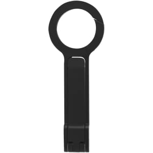 A black phone stand with a circular top and a clip base for securing devices. It features a sleek, minimalist design.