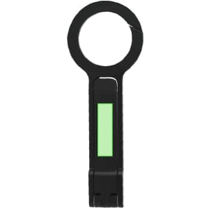 A black phone stand with a circular top and a green accent. It features a brand logo on the design.
