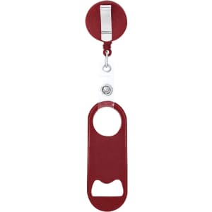 A drink bottle opener in a deep red colour, featuring a retractable clip and a circular attachment.