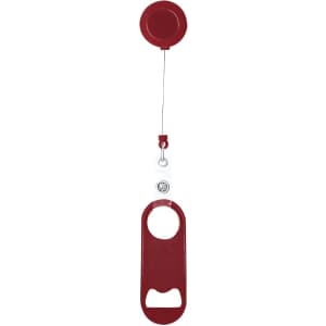 A drink bottle opener in red, featuring a retractable design with a keyring attachment. It includes a logo.
