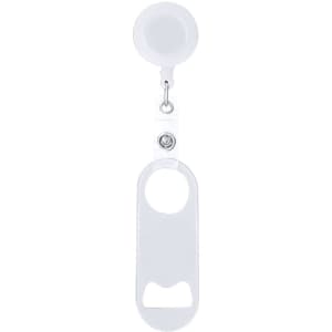 A drink bottle opener in white, featuring a retractable reel and a keyring attachment, with a logo present.