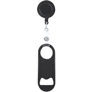 A drink bottle opener in black with a retractable reel for easy access. Includes a logo on the surface.