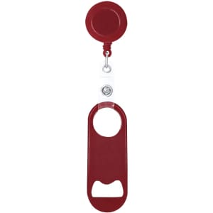 A drink bottle opener in a deep red colour, featuring a keyring attachment and retractable reel.
