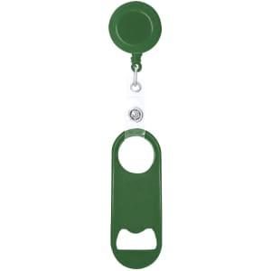 A drink bottle opener in green, featuring a retractable reel and a bottle opener attachment. Includes a logo.