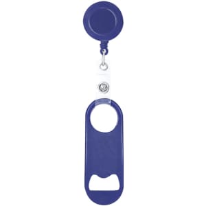 A drink bottle opener in navy blue, featuring a retractable badge holder and a built-in bottle opener.