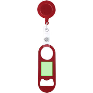 A drink bottle opener in red, featuring a retractable reel and a green panel, along with a logo.