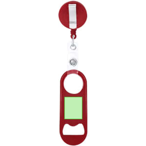 A drink bottle opener in red, featuring a retractable reel and a clear strap, with a section for a logo.